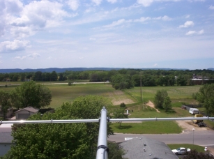 Looking west from 75 feet. The bluffs in the background are in Minnesota
